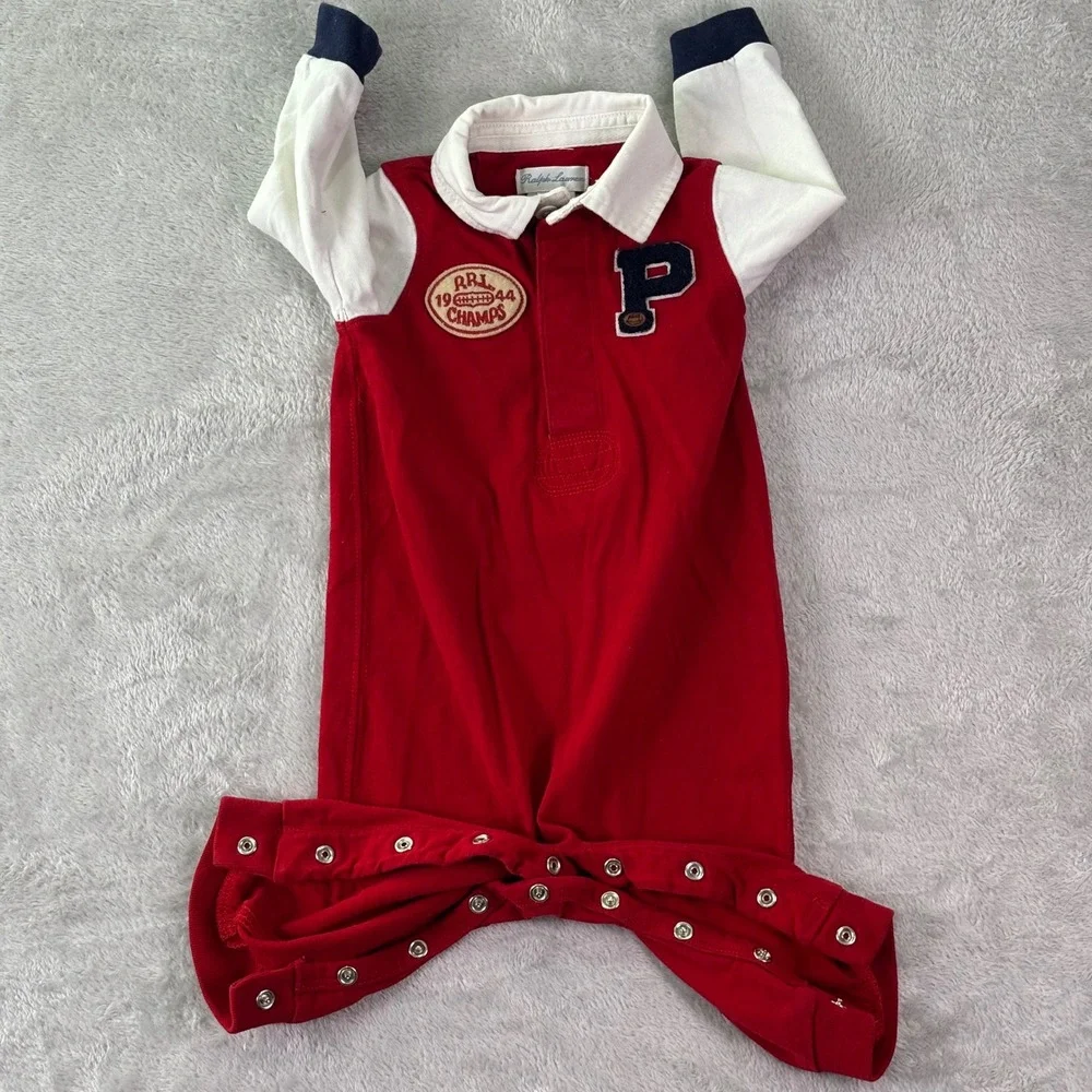 Ralph Lauren Baby One Piece Romper Sz 6M Red‎ White Varsity Patch Long Sleeve